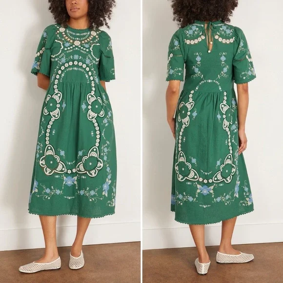 SEA New York Vesna Embroidered Midi Dress Green Floral Cotton Linen Size Small - Picture 13 of 16